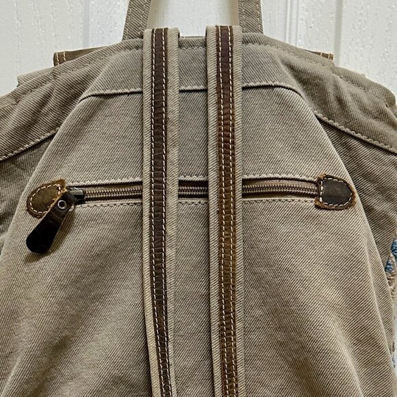 Myra Bag Backpack Brown Leather Canvas Macrame Textile Tote Boho Up Cycle Bag - Picture 12 of 16